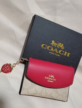 Coach Beige Signature Canvas Wallet with Pink Flap and Strawberry Charm